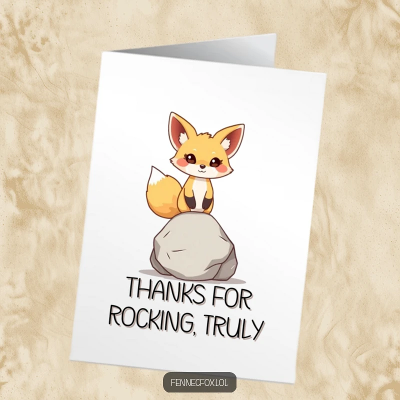 Funny Free Printable Thank You Card: Fennec fox character balancing a small, smooth rock, symbolizing steady gratitude.