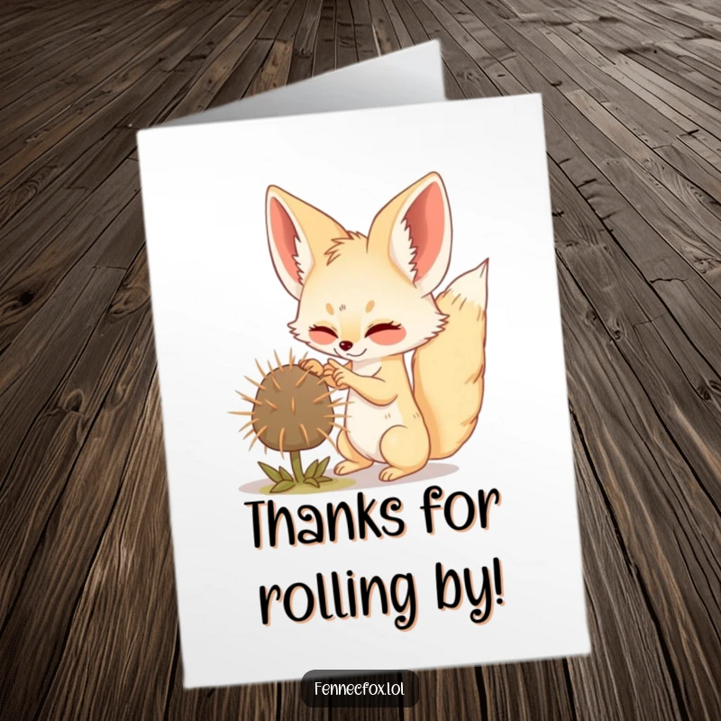Funny Free Printable Thank You Card: Fennec fox caught mid-tumbleweed swat, expressing thanks with desert whimsy.