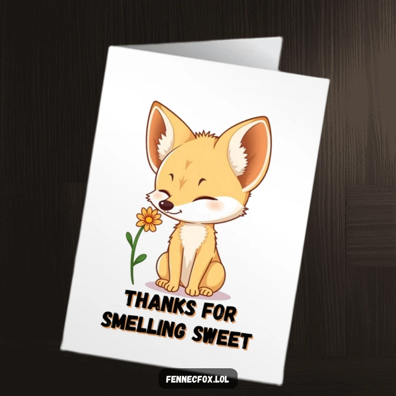 Funny Free Printable Thank You Card: A fennec fox balances a pretty desert flower perfectly on its cute little nose.