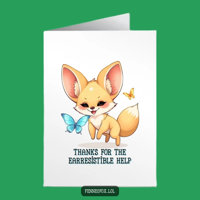 Free Printable Thank You Card: Fennec Fox Butterfly Chase, Funny Downloadable Gift