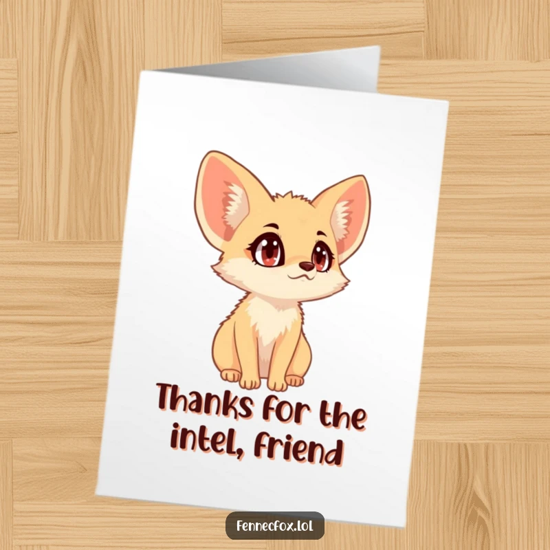 Funny Free Printable Fennec Fox Thank You Card: A fennec fox with wide, curious eyes is listening for something.