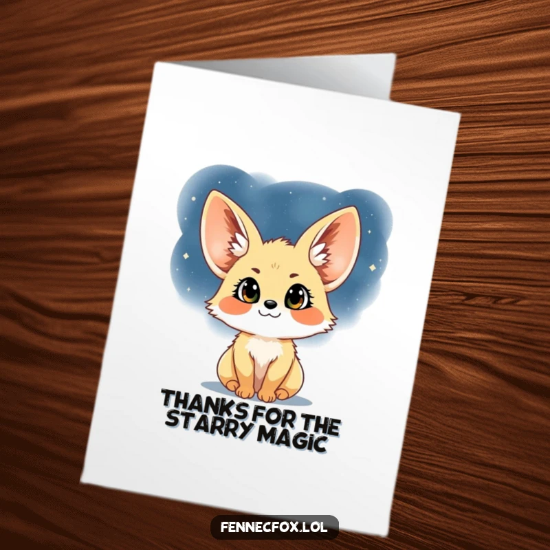 Funny Free Printable Fennec Fox Thank You Card, a happy fox gazing at the starry night sky, a charming way to say thanks.