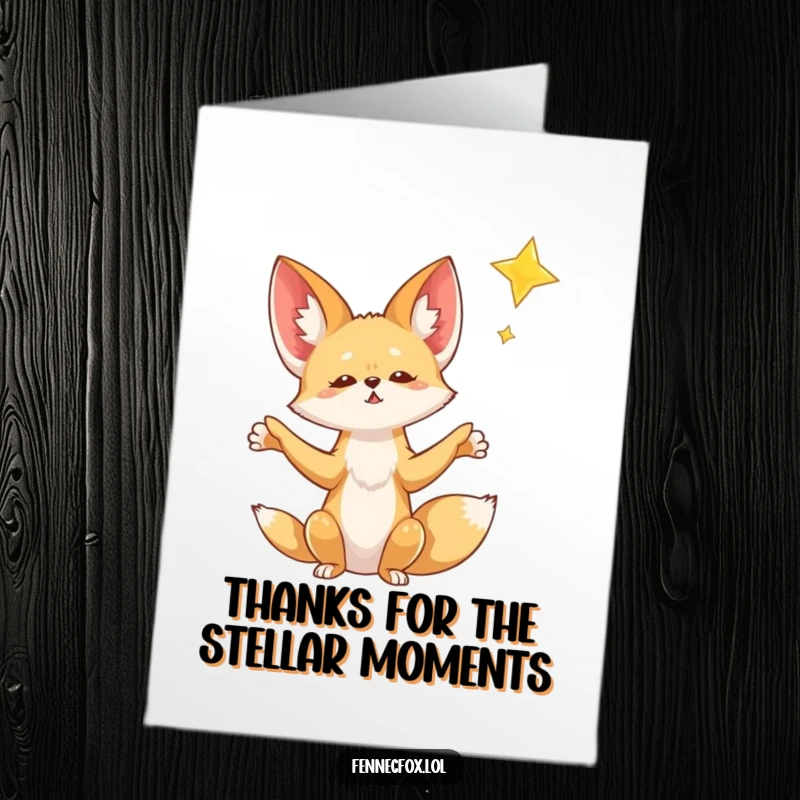 Funny free printable thank you card depicting a fennec fox with outstretched paws gazing up at a falling star.