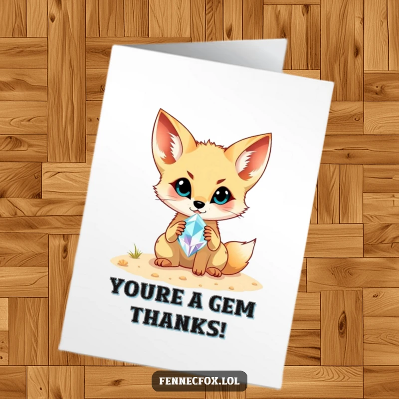 Funny Free Printable Thank You Card: A fennec fox gleefully shows off a found shimmering desert gemstone, expressing thanks.