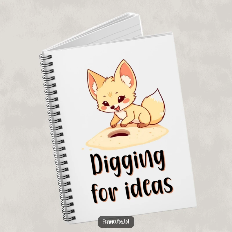 Funny fennec fox notebook with a cartoon desert fox digging excitedly in sand on the cover, perfect for inspired writing.