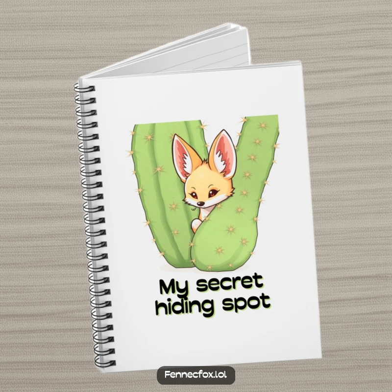 Funny fennec fox peeking from behind a spiky cactus on a notebook cover, desert theme, humorous stationery.