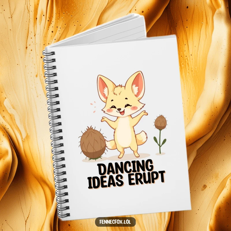 Funny Fennec Fox Notebook featuring a happy fox with large ears performing a silly dance with a tumbleweed. Ideal for creative journaling.