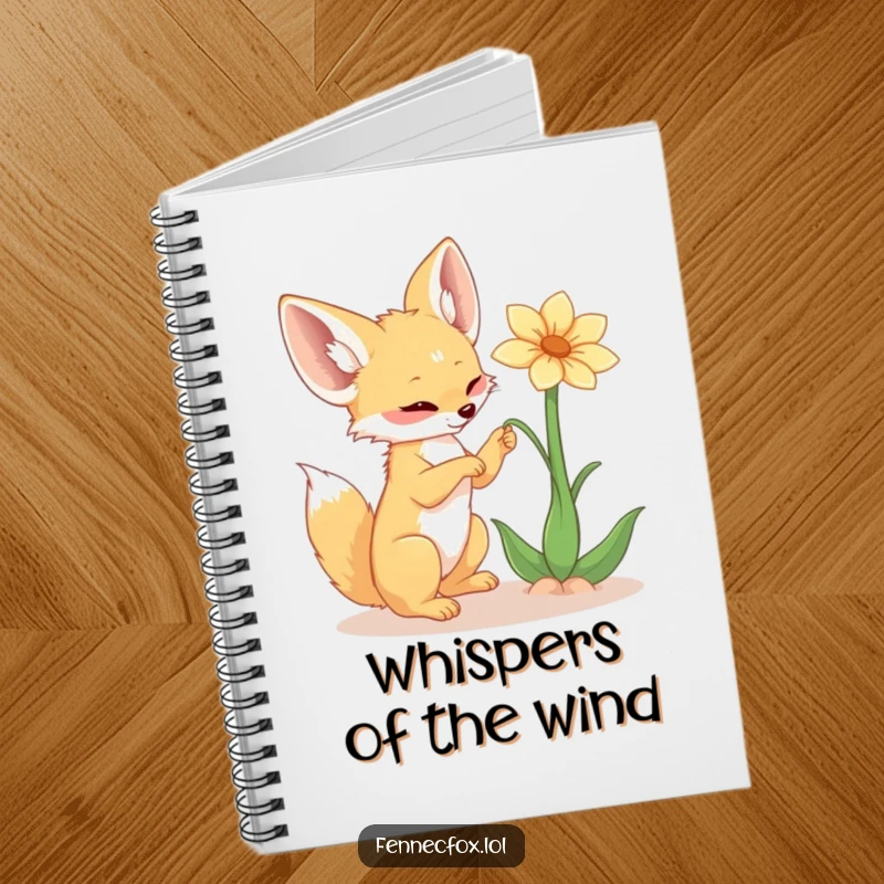Funny fennec fox notebook cover, with big ears, playfully interacting with a delicate desert flower, inspiring creativity and amusement.