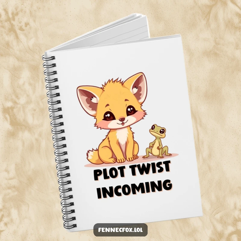 Funny fennec fox notebook cover, depicting a comically surprised fox reacting to a tiny desert lizard, inspiring witty thoughts.