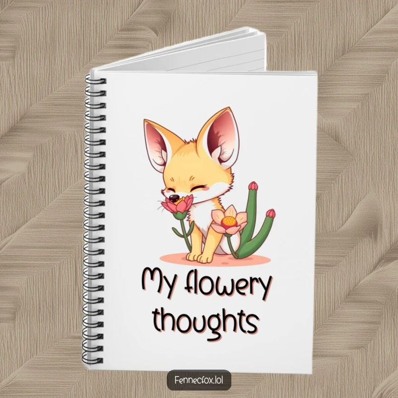 Funny Notebook featuring a fennec fox excitedly sniffing a desert flower, designed for capturing thoughts with a touch of desert whimsy.