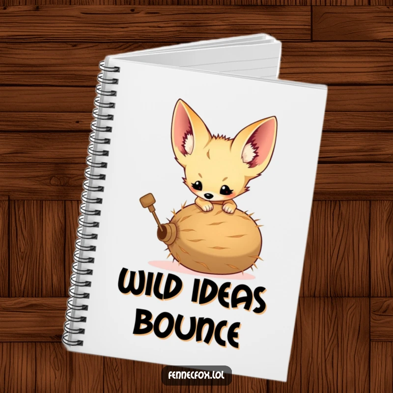 Funny notebook with a design of a fennec fox kit with large ears pouncing on a tumbleweed, ready for notes.