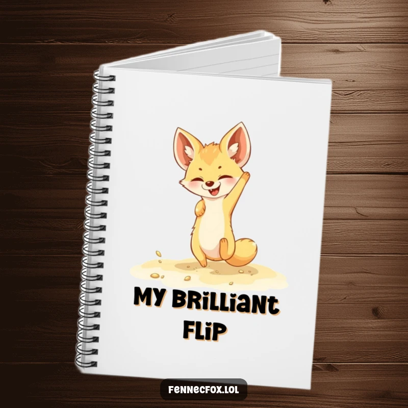 Funny fennec fox notebook with a cover showing a character joyfully somersaulting in golden sand, perfect for creative journaling.