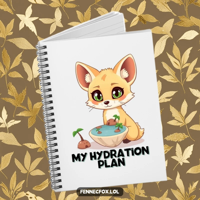 Funny surprised fennec fox with wide eyes observing a tiny, floating oasis on the cover of a lined notebook. A cute and funny journal.