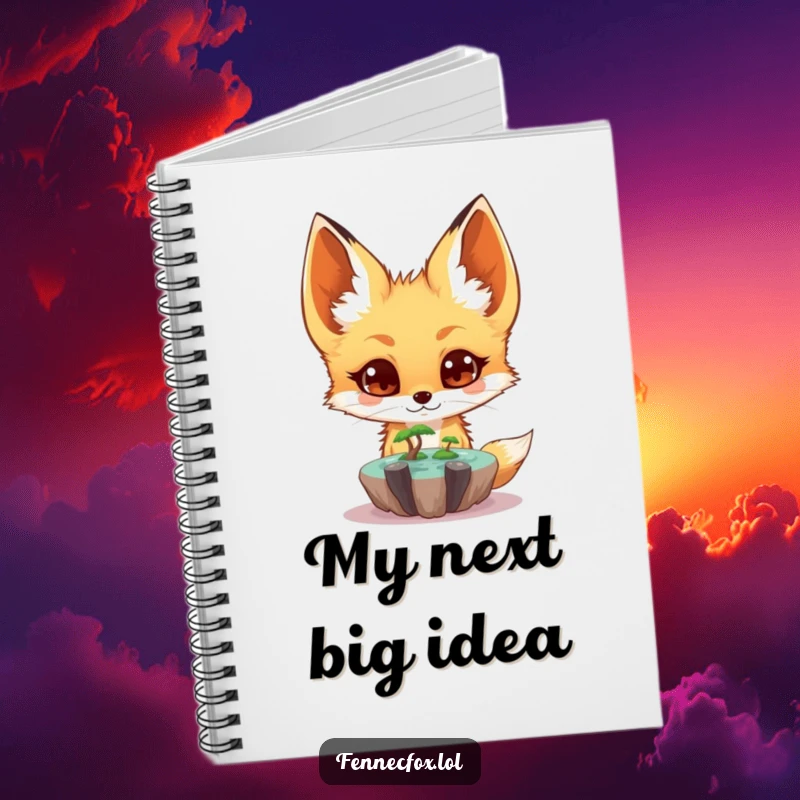 Funny fennec fox notebook with a cover showing a character surprised by a tiny floating oasis, perfect for journaling wonders.