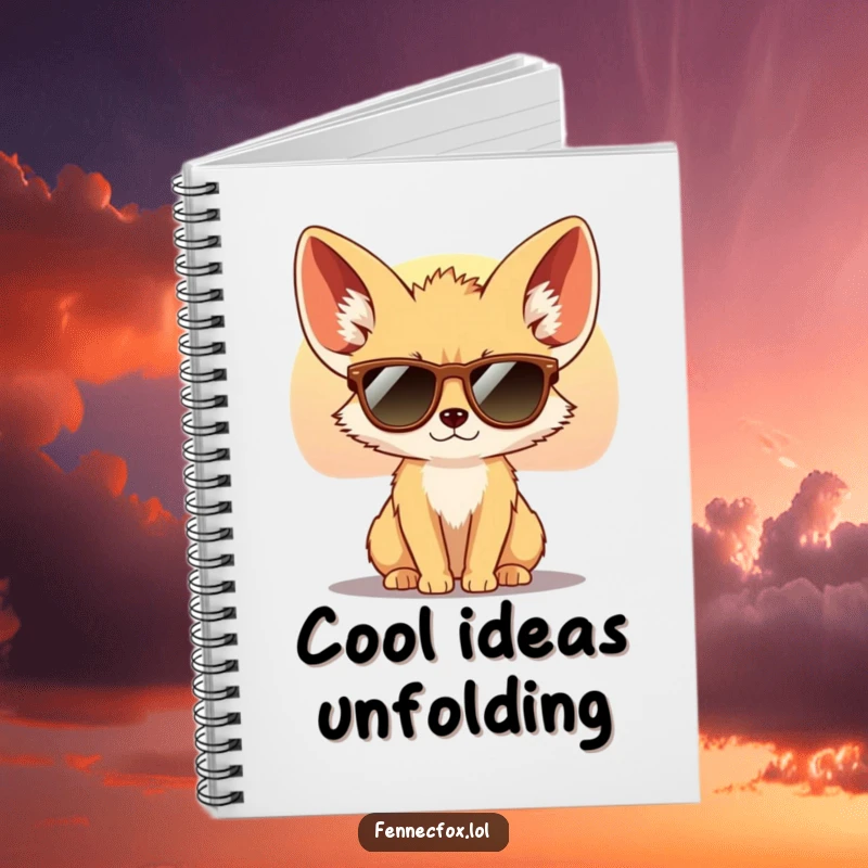 Funny Fennec Fox Notebook featuring a cool fox with large ears wearing tiny sunglasses, looking at a desert sunset. Ideal for journaling.