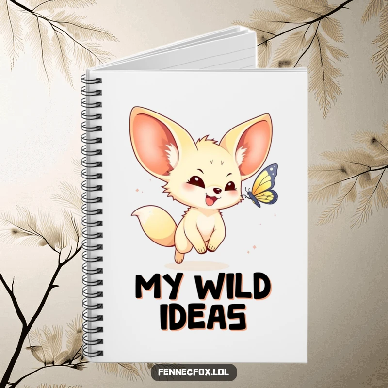 Funny kawaii fennec fox notebook for jotting notes, featuring a joyful fennec fox chasing a butterfly, ideal for cute organization.
