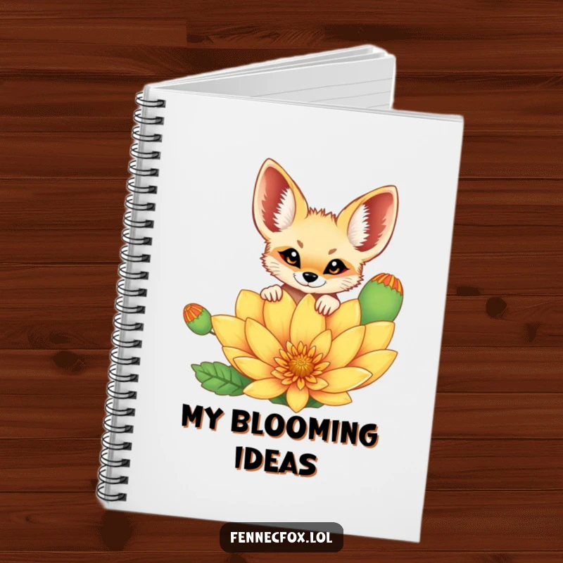Funny cheerful fennec fox peeking curiously over a vibrant, oversized desert flower on the cover of a lined notebook. A cute and funny journal.