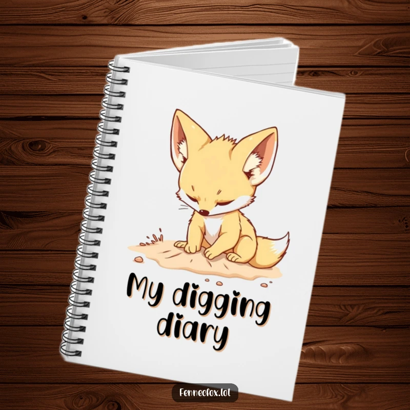 Funny notebook cover with a cute fennec fox with large ears playfully digging in the sand with a determined expression, ideal for notes.