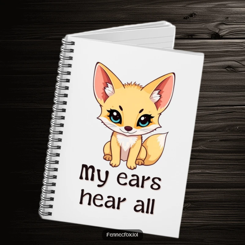 Funny fennec fox notebook cover, with large ears perked, listening intently, depicting a focus on absorbing information and creative thoughts.