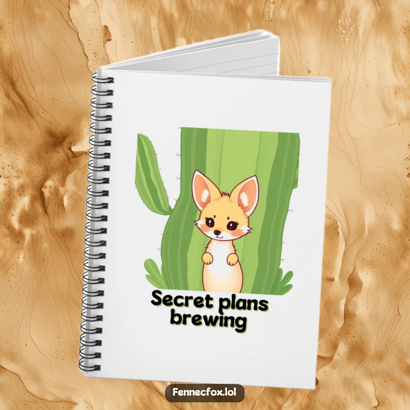 Funny Fennec Fox Notebook featuring a curious fox with large ears peeking from behind a giant desert cactus. Ideal for journaling.