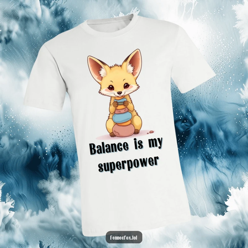 Funny Fennec Fox T-Shirt, a cute desert fox artistically balancing a small stack of colorful pebbles on its nose.