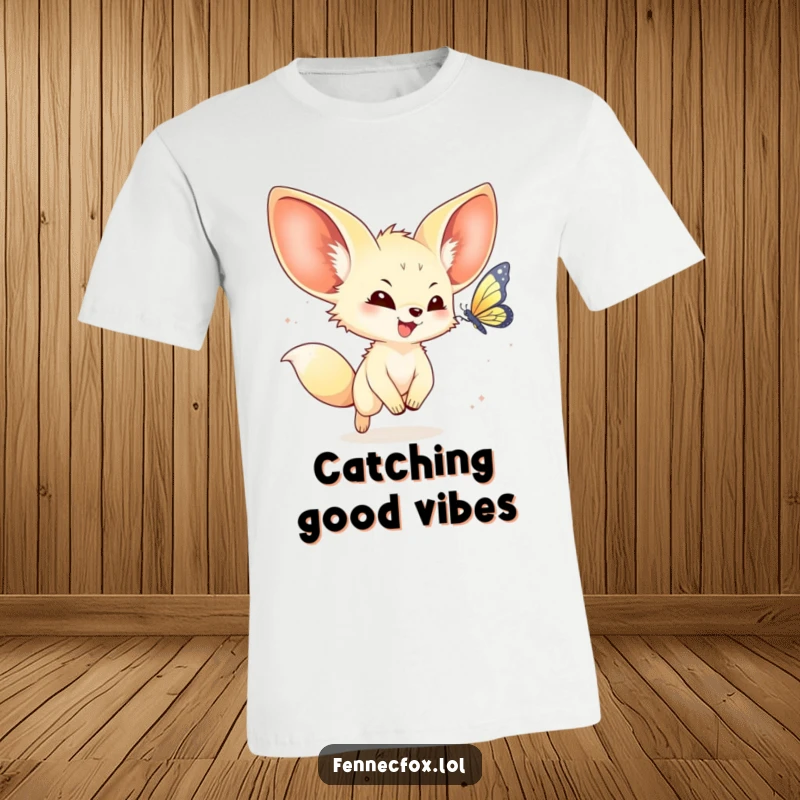 Funny kawaii fennec fox t-shirt depicting a joyful fennec fox with big ears chasing a shimmering butterfly with enthusiasm.