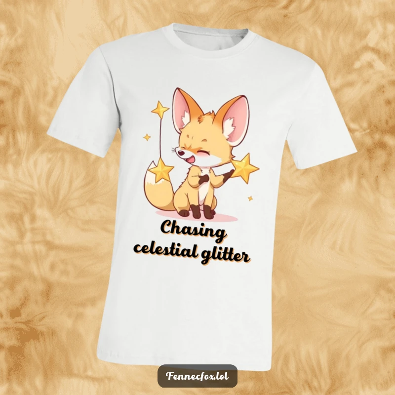 Funny t-shirt depicting a giggling fennec fox playfully swatting at a shimmering desert star, capturing nighttime magic.