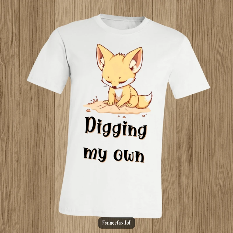 Funny t-shirt featuring a determined fennec fox with large ears energetically digging in the sand, showcasing its playful nature.