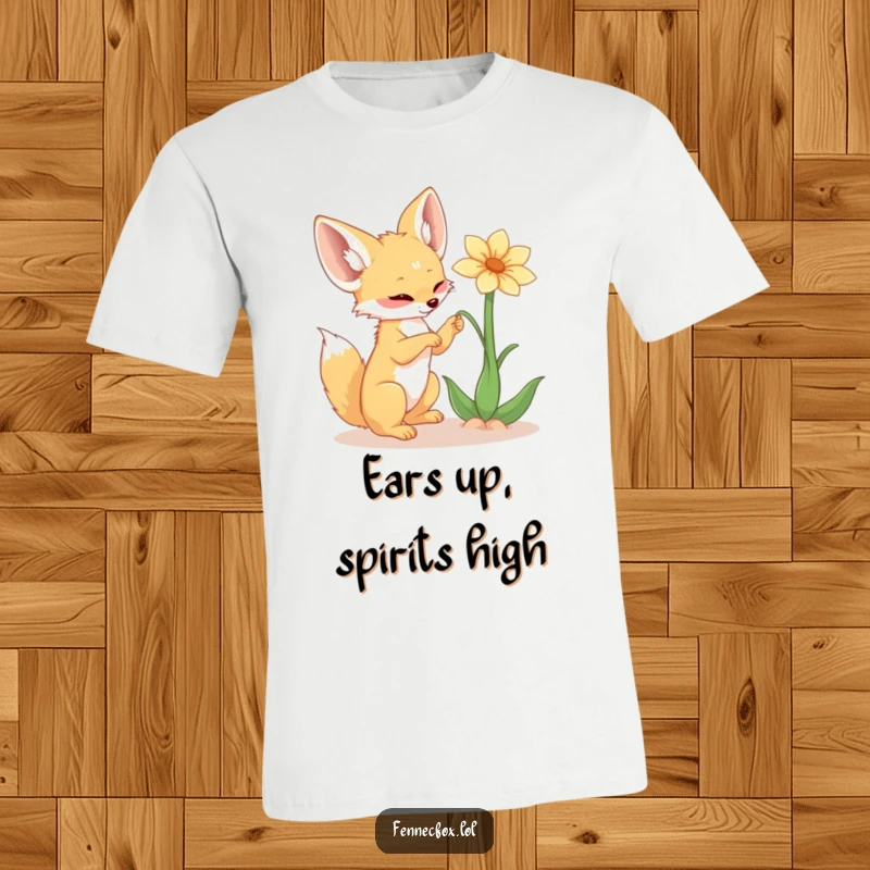 Funny fennec fox t-shirt, large ears, enthusiastically batting at a single, ethereal desert flower, showcasing a moment of pure, innocent play.