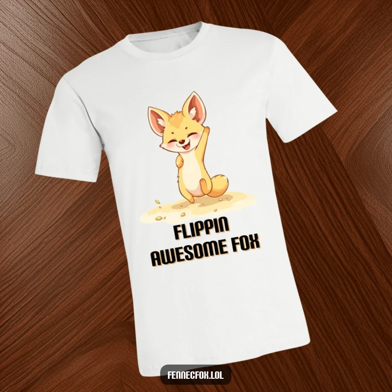 Funny fennec fox t-shirt showing a happy character mid-somersault in golden sand, perfect for expressing playful energy.