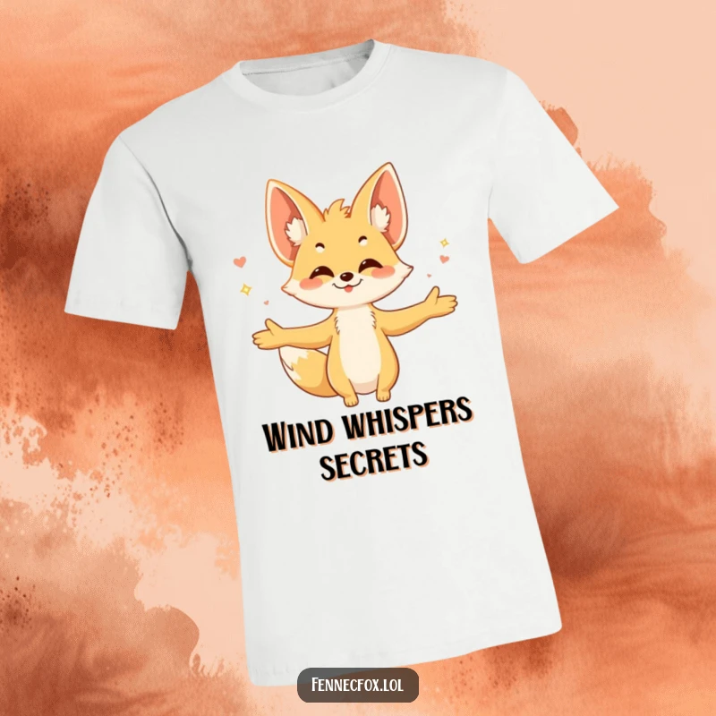 Funny fennec fox t-shirt, showing the character with arms wide open, embracing a warm, gentle breeze, large ears catching the wind.