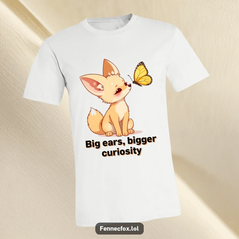 Funny Fennec Fox T-Shirt featuring a cute desert fox tilting its head with curiosity at a delicate butterfly in flight.