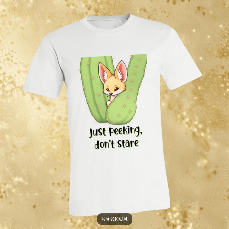 Funny fennec fox peeking from behind a spiky cactus, desert humor, cute animal graphic tee.