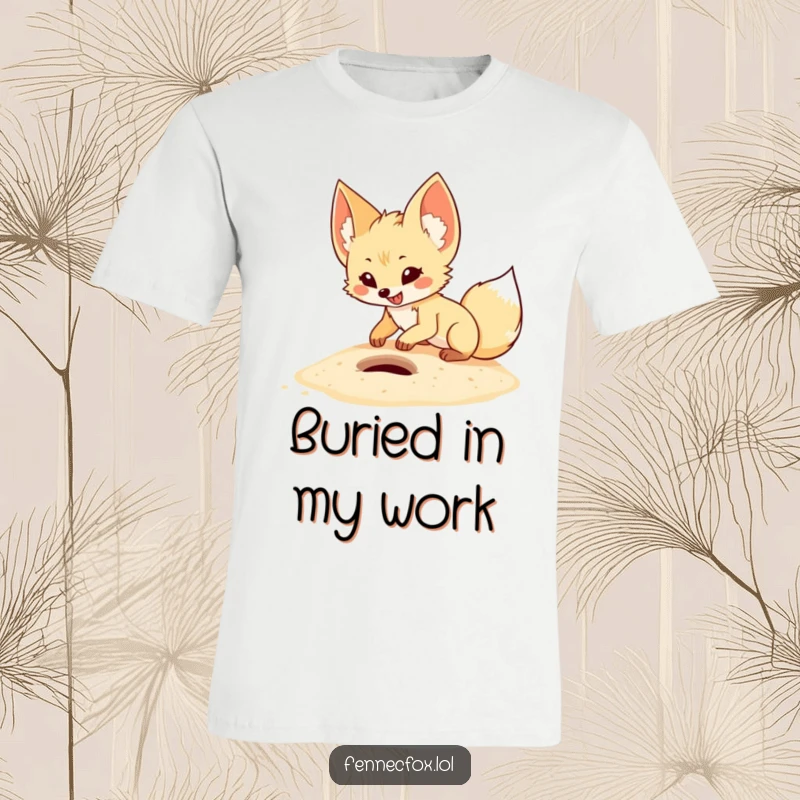 Funny fennec fox t-shirt showing a cartoon desert fox digging energetically in sand with a joyful expression and focused intent.