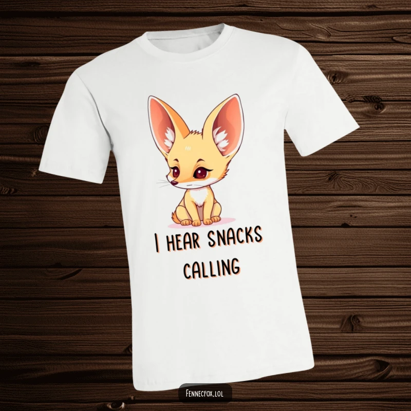 Funny t-shirt with a fennec fox sporting massive perked ears, intently listening, perfect for eavesdroppers.
