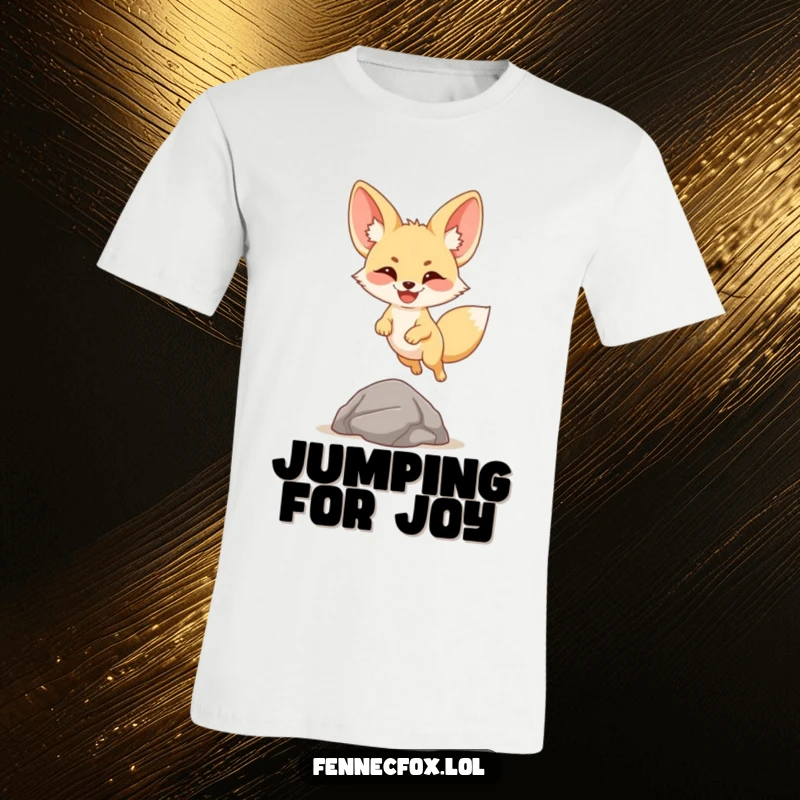 Funny fennec fox t-shirt featuring a cartoon desert fox mid-leap over a small rock, sporting a wide, happy smile.