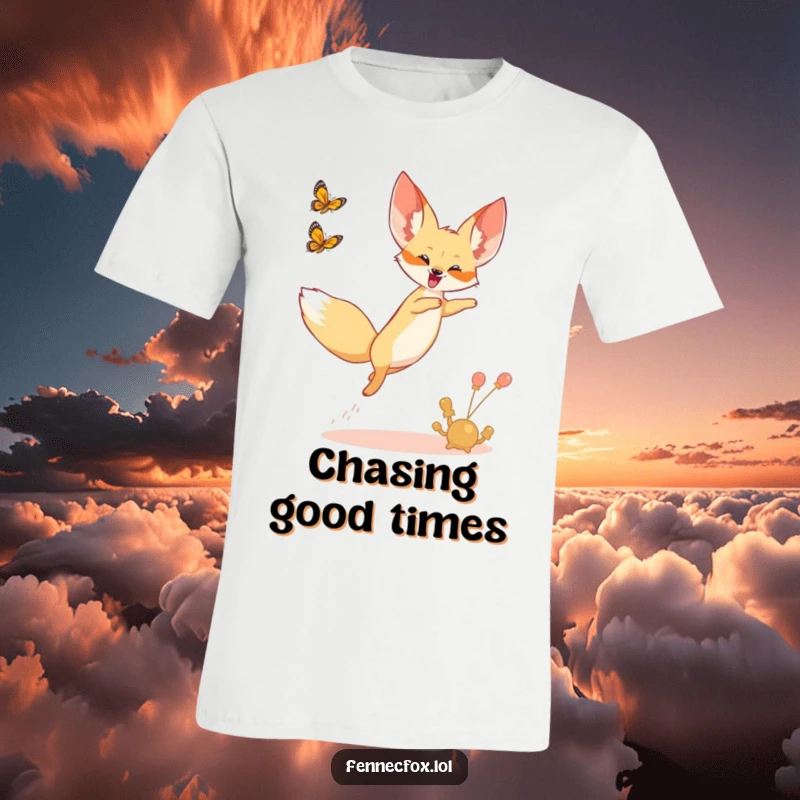 Funny t-shirt featuring a fennec fox leaping joyfully into the air, enthusiastically chasing a butterfly.