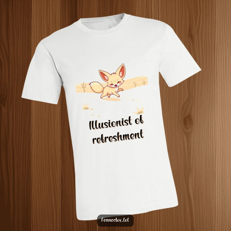 Funny Fennec Fox T-Shirt featuring a playful fox with big ears enthusiastically chasing a shimmering desert mirage. Humorous and aspirational.