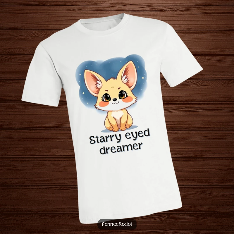 Funny Fennec Fox T-Shirt: A charming illustration of a fennec fox with wide, happy eyes gazing up at a vast, star-studded night sky.