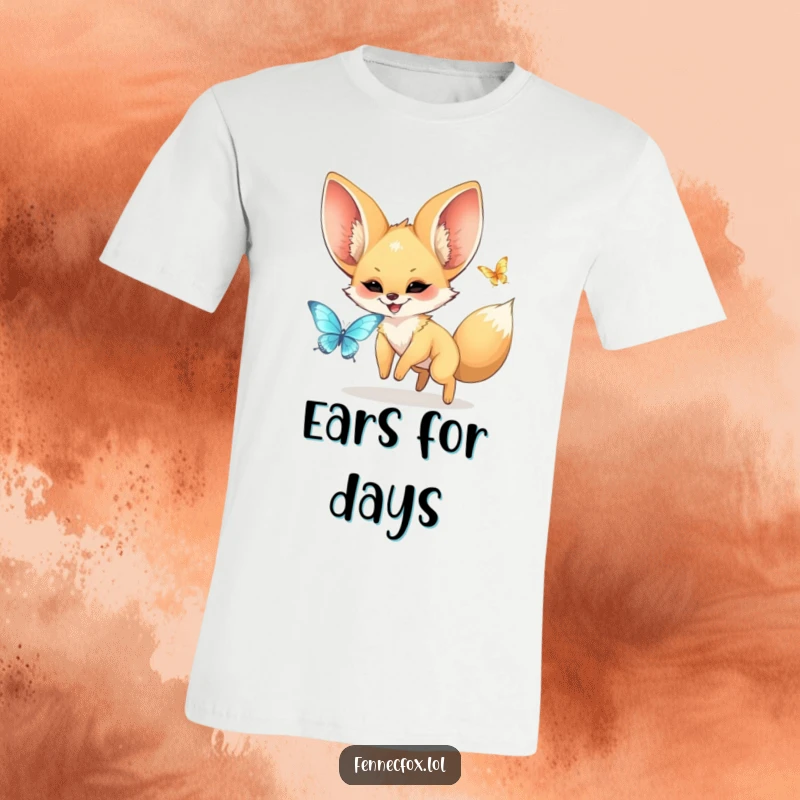 Funny kawaii fennec fox with enormous ears joyfully chasing a shimmering butterfly, showcasing a funny and heartwarming scene. Perfect for gift-giving.