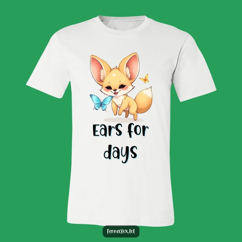 Funny Fennec Fox T-Shirt: Cute Kawaii Fox with Big Ears Joyfully Chasing a Butterfly!