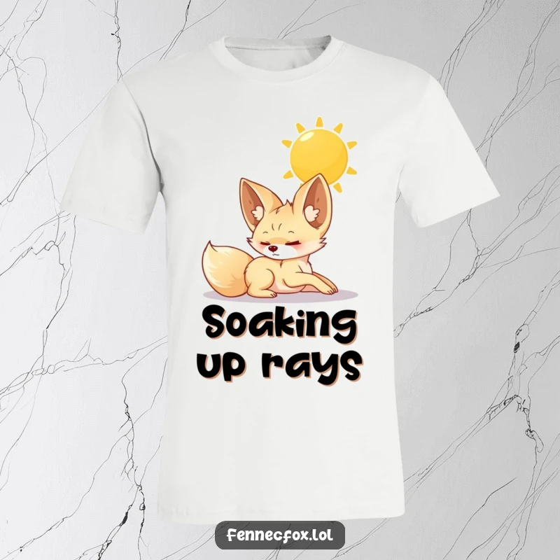 Funny T-Shirt, a cute fennec fox stretching out luxuriously under a bright, warm sun, looking completely serene.