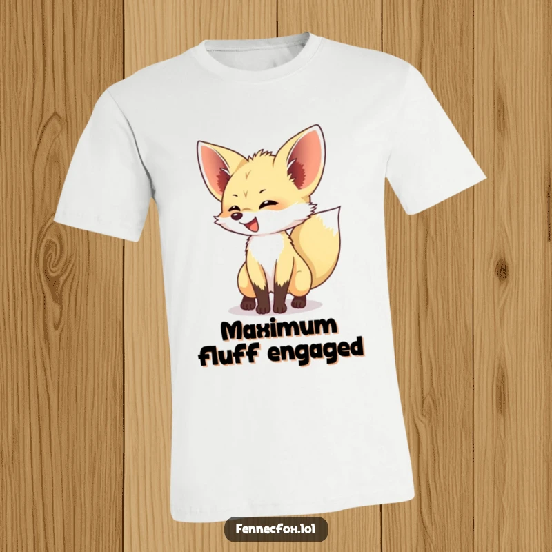 Funny Fennec Fox T-Shirt showing an excited fennec fox with its bushy tail wagging vigorously, conveying happiness and excitement.