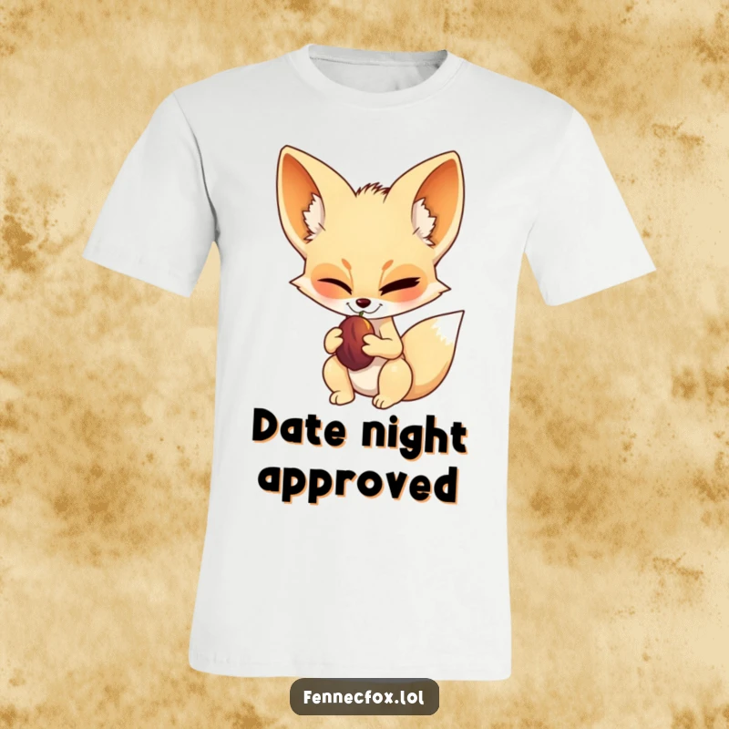 Funny fennec fox t-shirt, winking playfully, holding a single date fruit, looking incredibly confident and cool, ready for anything.