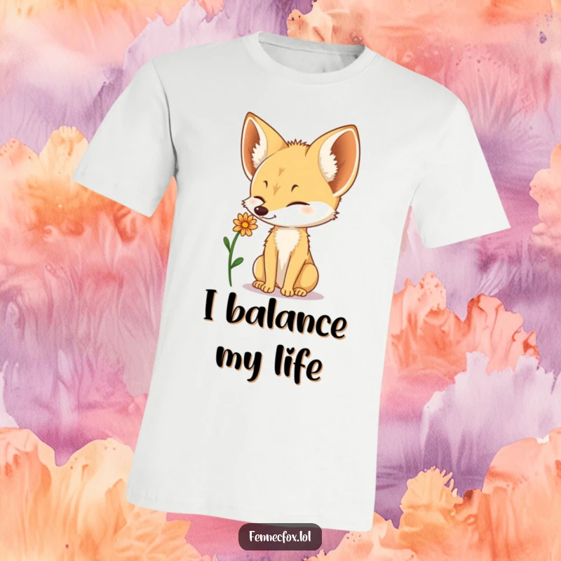 Funny Fennec Fox t-shirt of a cute fox delicately balancing a small desert flower on its nose.