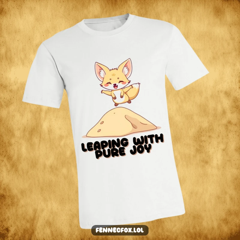 Funny t-shirt displaying a fennec fox mid-leap over a sand dune, capturing pure excitement and playful energy.