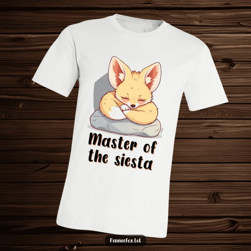 Funny Fennec Fox T-Shirt: A charming illustration of a small, sleepy fennec fox resting contently in the shade of a desert rock.