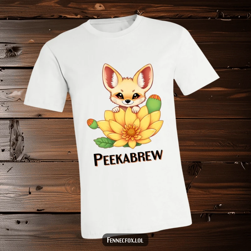 Funny cheerful fennec fox peeking curiously over a vibrant, oversized desert flower on a comfortable t-shirt. Ideal for a funny gift.