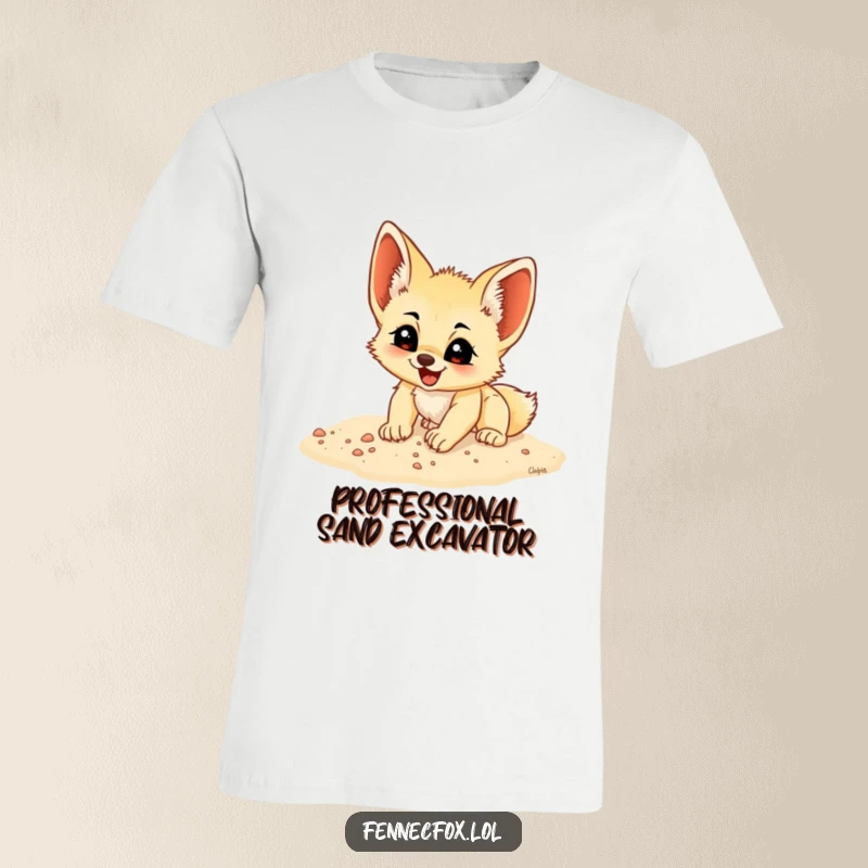 Funny fennec fox cub digging with pure excitement in the sand, showcased on a comfortable t-shirt for a hilarious look.