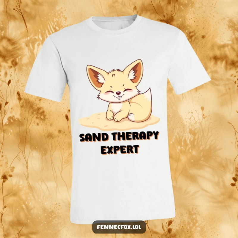 Funny Fennec Fox t-shirt of a grinning fox happily rolling around in soft, golden sand.